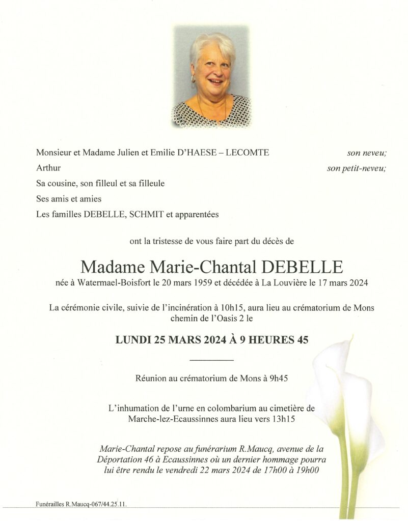 DEBELLE MarieChantal (20/03/195917/03/2024) Funérailles Maucq